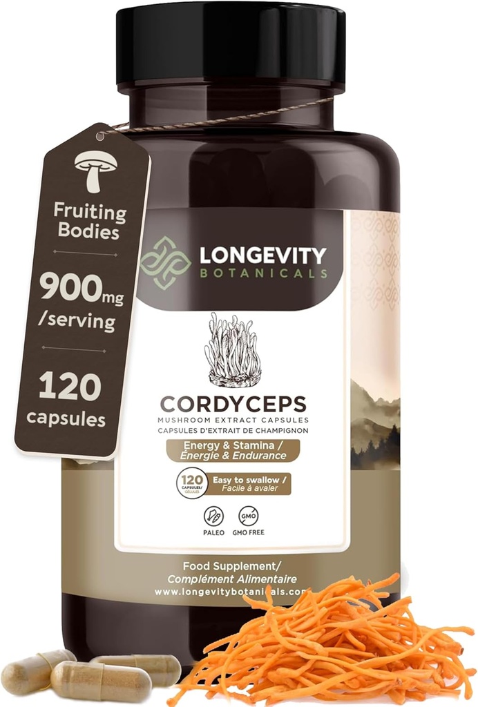 Longevity Botanicals Cordyceps Mushroom Extract Capsules (120) | Concentrated 10:1 Ratio | 100% Fruiting Bodies | Cordyceps Militaris Natural Supplement for Respiratory & Performance Support