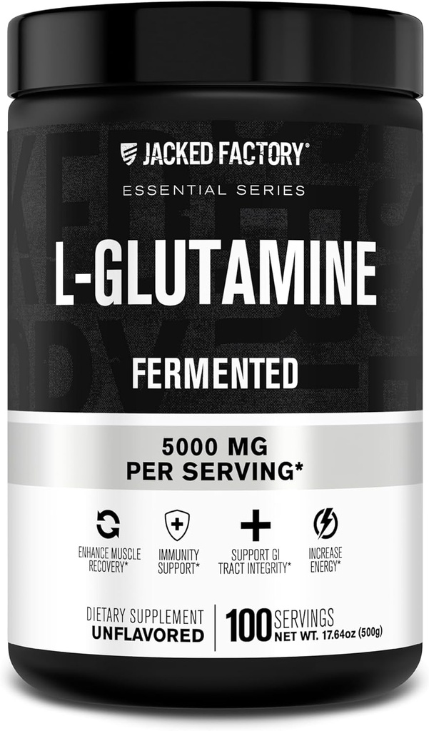 Jacked Factory L-Glutamine Powder 100 Servings - Vegan Fermented L Glutamine Supplement for Post Workout Muscle Recovery, Immunity, Digestive Health | No Artificial Filler - Unflavored