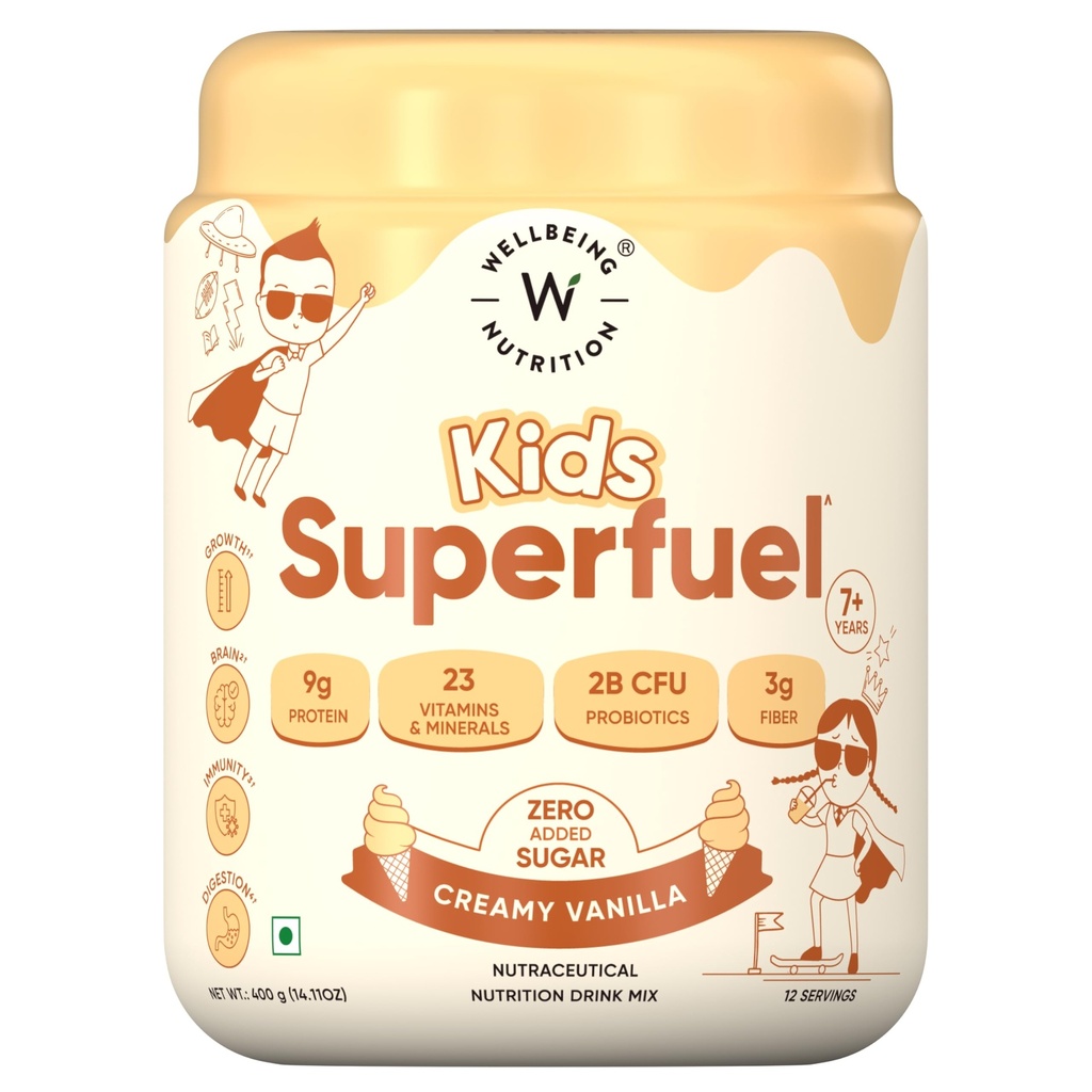 Wellbeing Nutrition Kids Superfuel 7+years |Zero Added Sugar |9g Milk Protein Isolate, 23 Vitamins & Minerals, 100mg DHA, 3g Fiber, Probiotics |Height Growth, Immunity & Brain| Vanilla, Nutrition Drink Powder, 400g