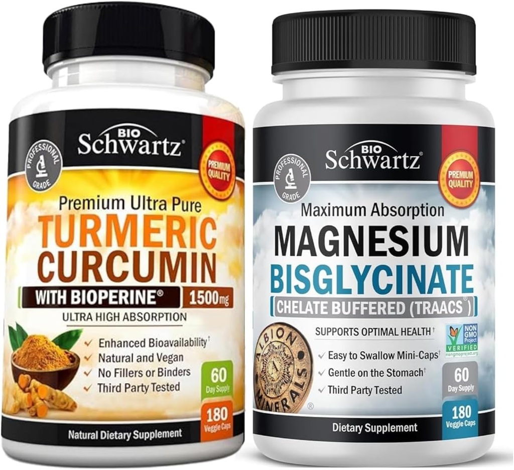 Turmeric Curcumin with Black Pepper Extract 1500mg Complex (1 Month Supply) Plus High Absorption Magnesium Bisglycinate Capsules (2 Month Supply)