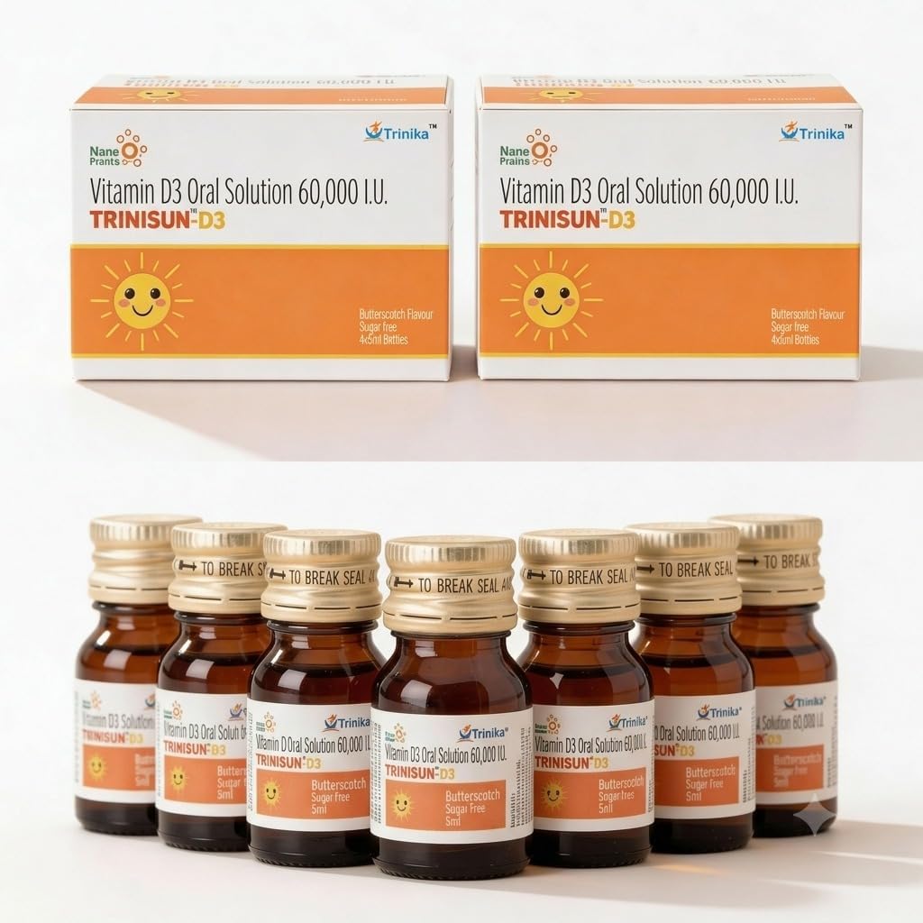 Vitamin D3 60,000 IU Oral Solution (4x5ml) Pack of 2, Nano Shot |TRINISUN D3 Nano Vit D3 Sugar Free |Best Vitamin D for Immunity Strong Bone & Muscle calcium support and Mental health