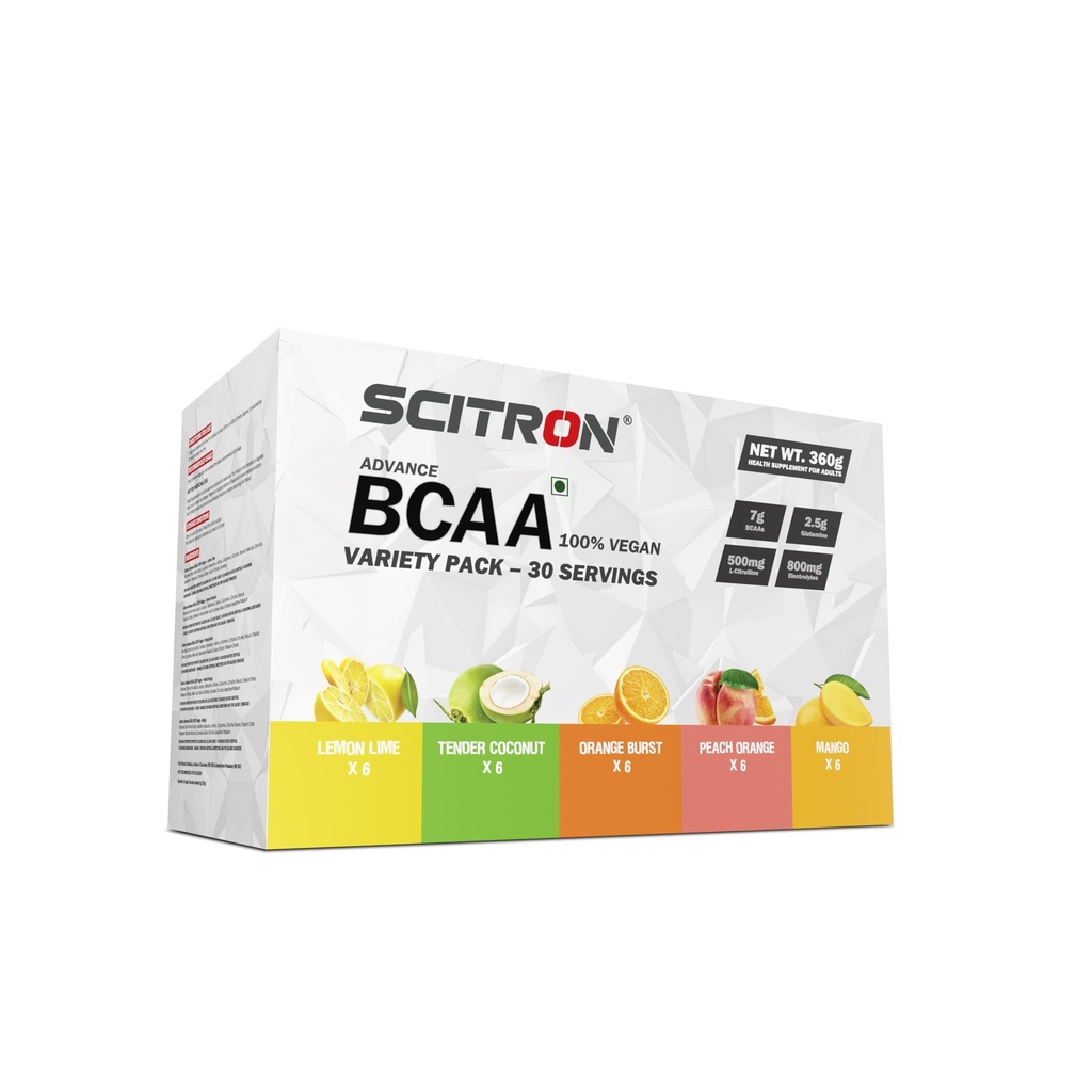 Scitron Advanced 100% VEGAN BCAA Variety Pack | Build Lean Muscle, Recover Faster | 5 Flavours Variety Box – 30 Servings (6 Single Servings of each flavour - Lemon Lime, Tender Coconut, Orange Burst, Peach Orange, Mango)