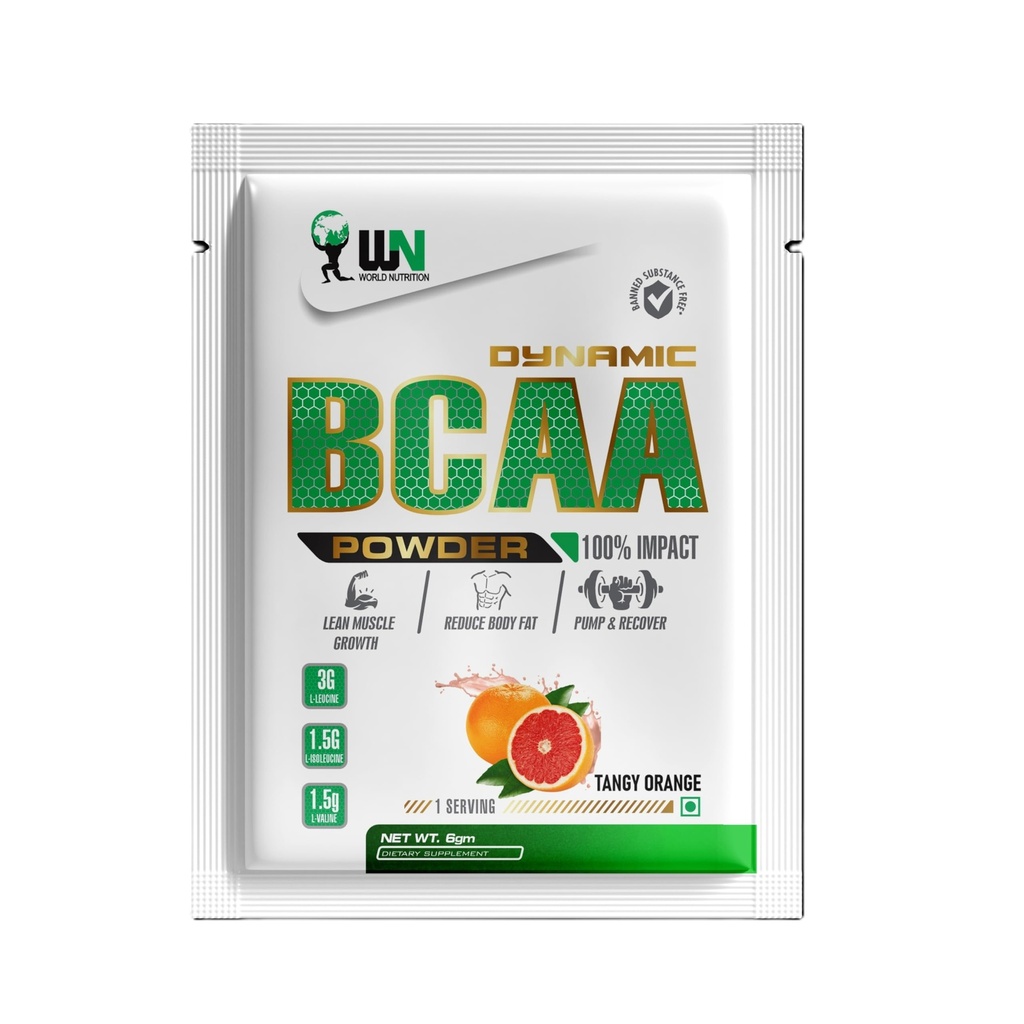Dynamic BCAA Powder (Trial Pack) | BCAA 2:1:1 with Electrolytes | Intra-Workout Amino Supplement for Stamina, Muscle Recovery, Endurance & Strength | Tangy Orange - 6g