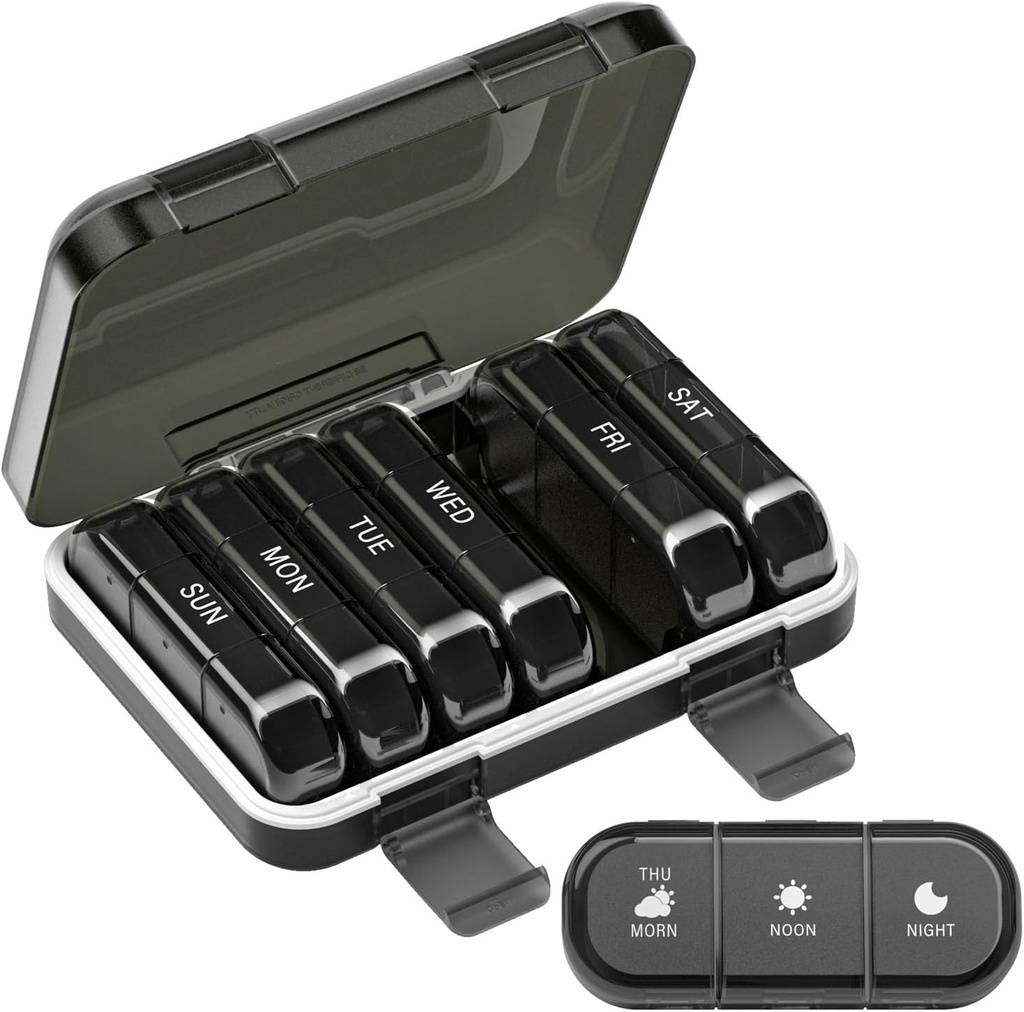 Weekly Pill Organizer 3 Times a Day, 7 Day Portable Pill Box for Pills, Vitamins, Fish Oil, Medication, Supplements (Parent) (Black, 3 Times * 7 Days)