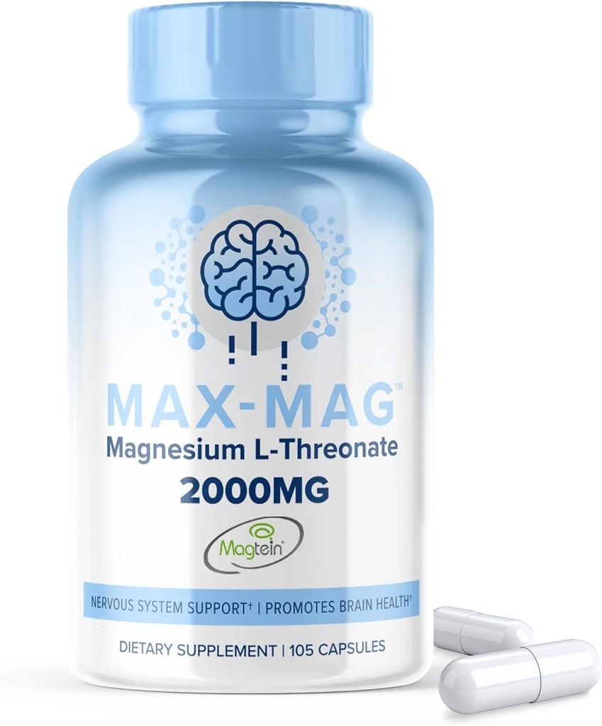 Max-Mag Magnesium L-Threonate Supplement - 105 Capsules Made in USA- Magtein 2000mg Complex with Vitamin D3 and K2 for Sleep, Mood & Brain Magnesium L Threonate Capsules Nutrition by MaxLife Naturals