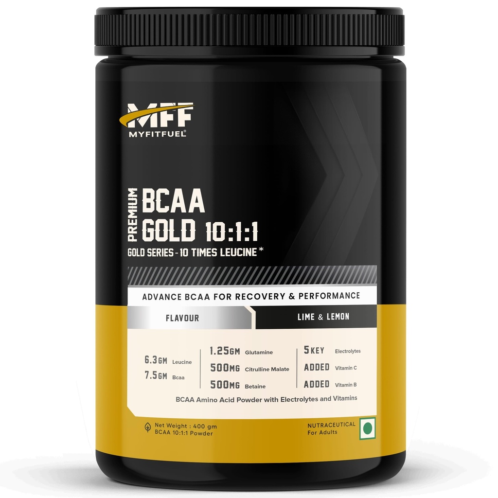 MyFitFuel BCAA Gold 10:1:1 (400g, Lime Lemon) 9g BCAA, 7.5g Leucine, 1g Citrulling, 1g Glutamin, 250mg Betain, 5 Electrolytes, Vitamin C & Vitamin B. BCAA Supplements For Intra Workout, Pre Workout