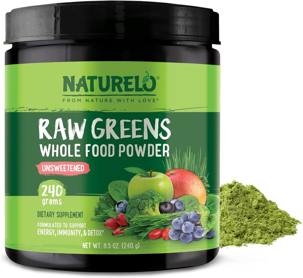 [BRSWGFACAQFRQYI7] NATURELO Raw Greens Superfood Powder - Unsweetened - Boost Energy, Detox, Enhance Health - Organic Spirulina - Wheat Grass - Whole Food Nutrition from Fruits & Vegetables - 240 Grams