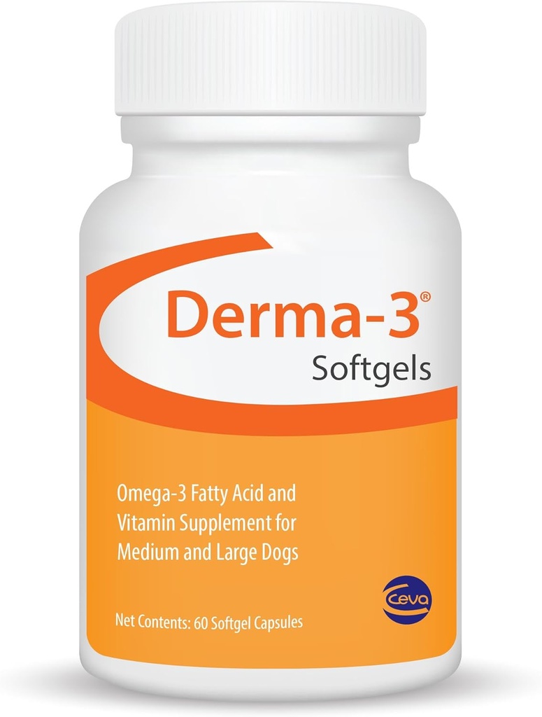 CEVA Derma-3 Softgels, Omega-3 Fatty Acid & Vitamin Supplement for Medium/Large Dogs (60Count)