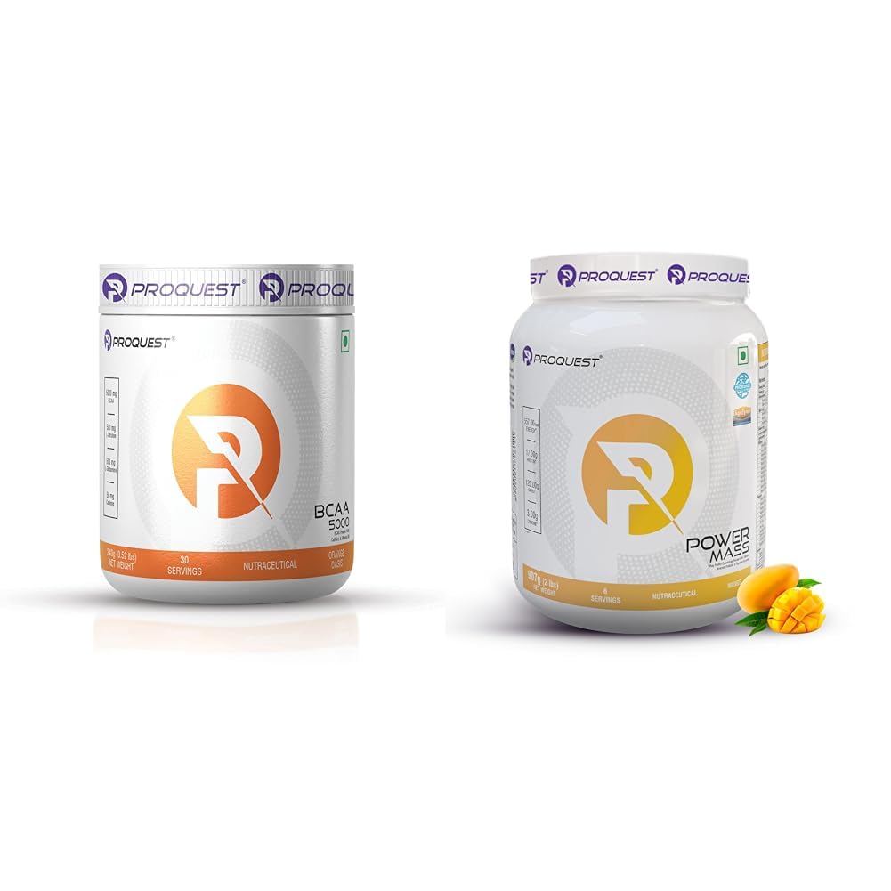 Proquest Nutrition BCAA 5000, 5g BCAAs in 2:1:1 Optimal Ratio (240g, 30 Servings) Orange Oasis Fla | ProQuest Nutrition Mass Gainer (Mango Flavour, 2Lbs / 907g, 6 Servings) | High Calorie Bulking Sup
