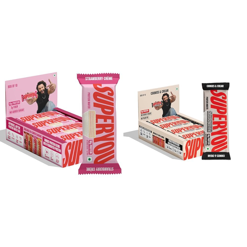Superyou Strawberry Protein Wafer Bars (Pack Of 10) and Cookies & Cream Protein Wafer Bars (Pack of 10) | 10 G + 10g