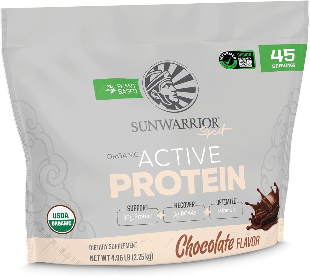 Sunwarrior Organic Plant Based Protein Powder | Vegan Organic Protein Powder with BCAA Amino Acids Plus Recovery Minerals & Botanicals | Non-GMO Soy Dairy & Gluten Free (Chocolate, 45 Servings)