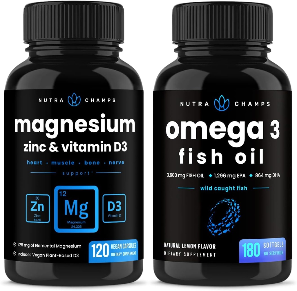 NutraChamps Magnesium Zinc & Vitamin D3 Capsules and Omega 3 Fish Oil Capsules 2 Pack Bundle