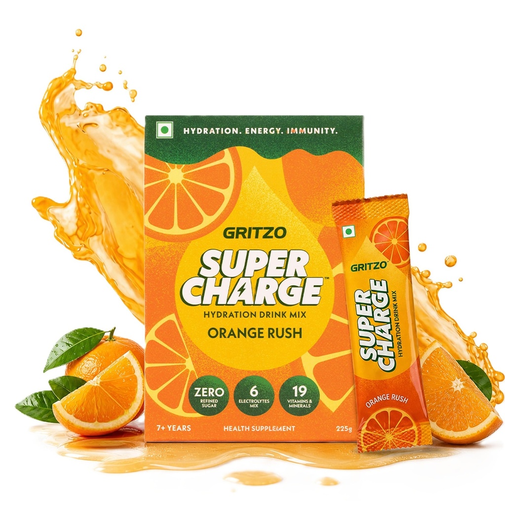 Gritzo Supercharge Hydration Drink Mix (7+y) Orange Rush, 15 Sachets