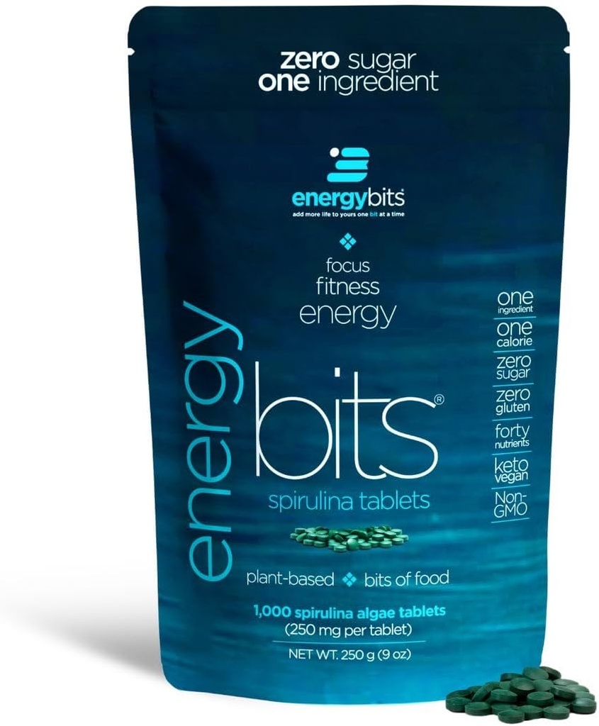 ENERGYBITS - Organic Spirulina Tablets - Plant-Based Algae Superfood - for Focus, Fitness, Energy - Plant Protein - Gluten Free - Collagen, Vitamin B12, Omega 3 - Keto & Vegan - 1000 Algae Tablets