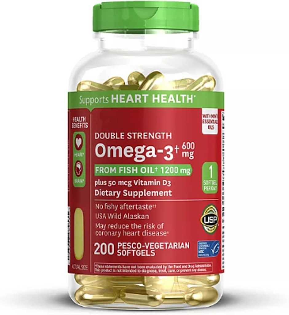 600mg Omega-3 from Fish Oil with 50 mcg Vitamin D3 (200 ct.) - Supports Heart Health