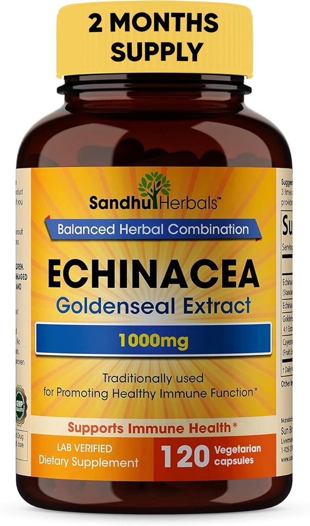 Sandhu Herbals Echinacea Goldenseal 1000 Mg 120 Capsules | Immune System Support Respiratory Response Inflammatory Response Supplement
