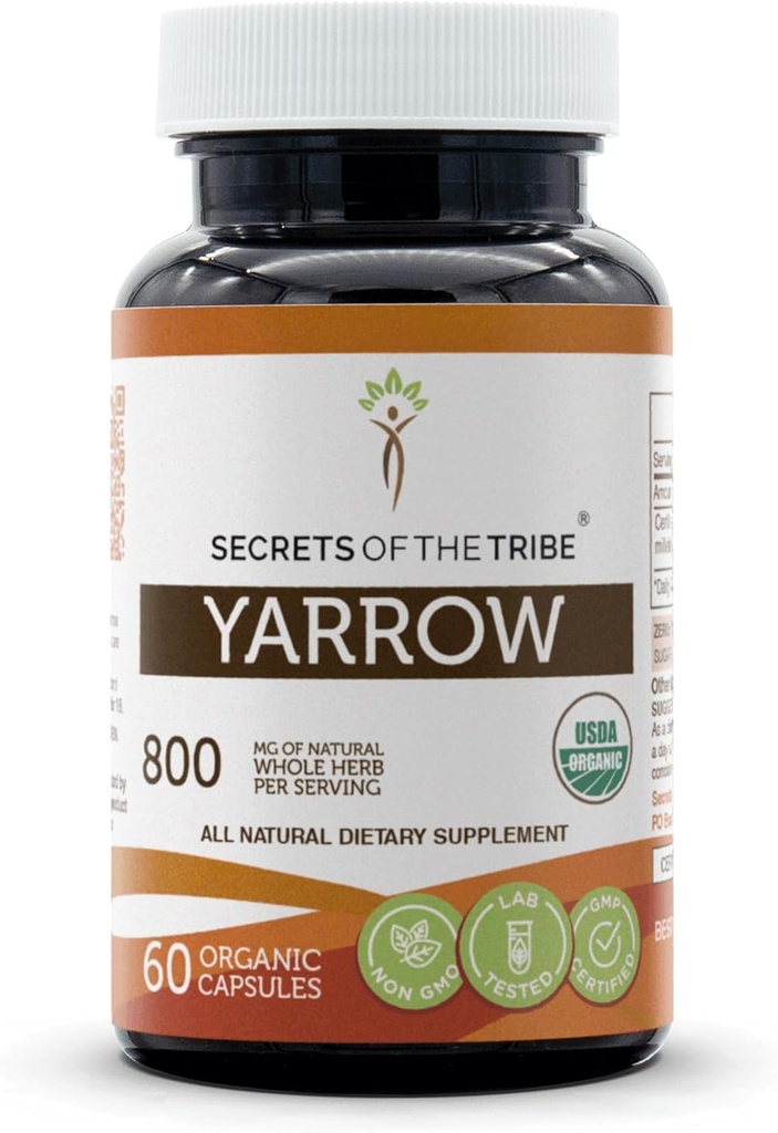 Secrets of the Tribe Yarrow USDA Organic 60 Capsules | Made with Vegetarian Capsules and Certified Organic Yarrow (Achillea millefolium) Dried Leaf and Flower (60 Capsules)