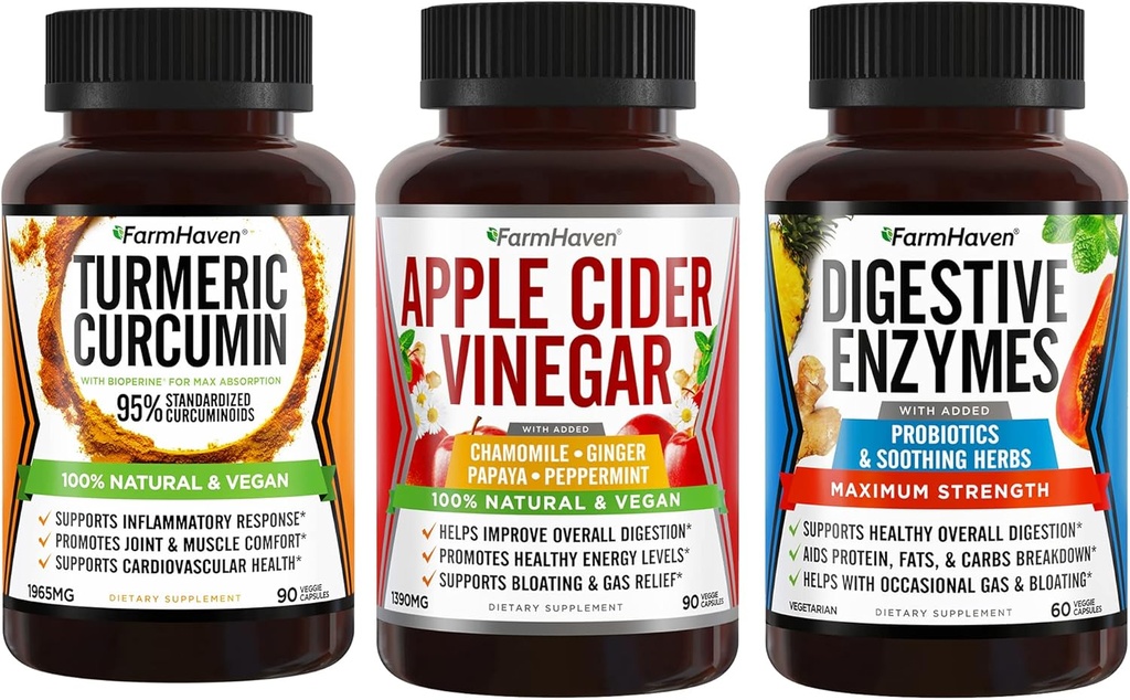 FarmHaven Turmeric Curcumin with BioPerine Black Pepper + Digestive Enzymes with 18 Probiotics + Apple Cider Vinegar with Mother