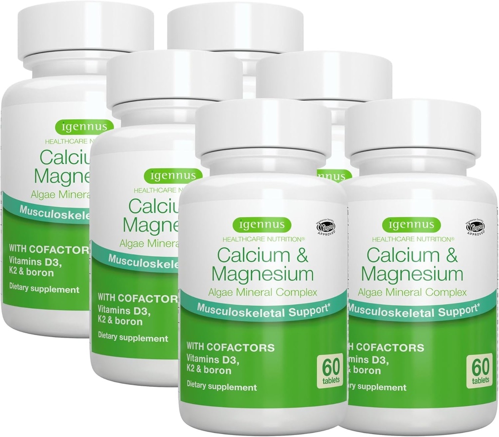 Igennus Algae Calcium & Magnesium Supplement, Plant Based, High Absorption, K2 & D3, Non-GMO Red Algae Mineral Complex for Bone & Teeth Support, for Women and Men, with Boron, Vegan, 6 x 60 Tablets
