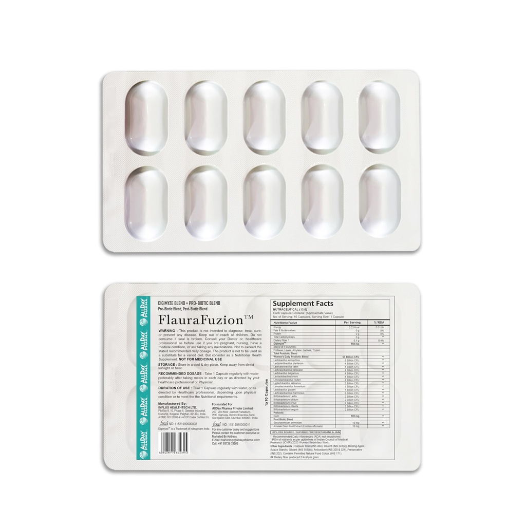 ALLDAY PHARMA FlauraFuzion Probiotic Capsules for Women | 50 Billion CFU | 17 Multi-Strain Probiotics | Gut Health, Digestion Support & Immunity Booster | Women’s Daily Supplement | 10 Capsules