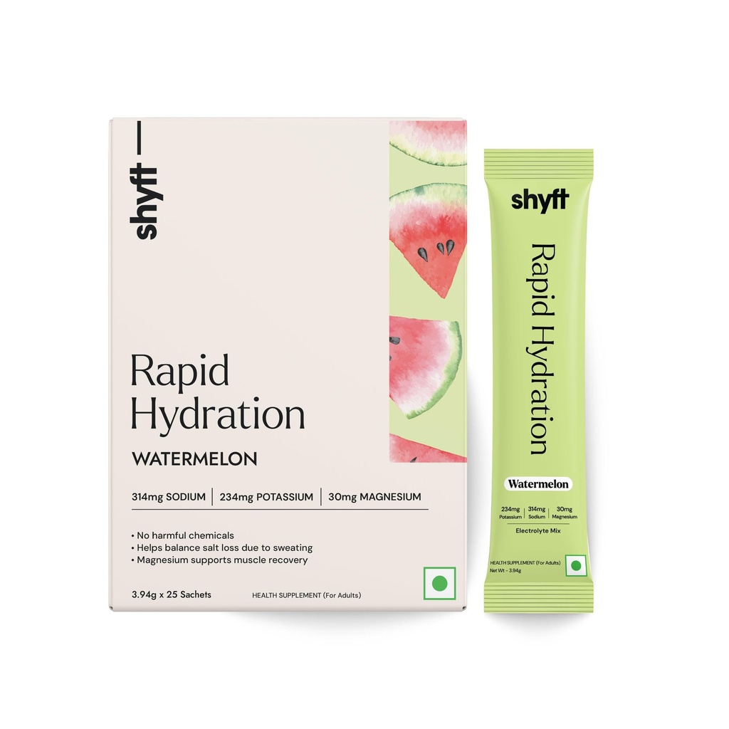 Shyft Rapid Hydration - Watermelon | 25 Sachets | Right sodium, potassium, magnesium mix for Instant Hydration | Absolutely no harmful chemicals | No Artificial Sweetener