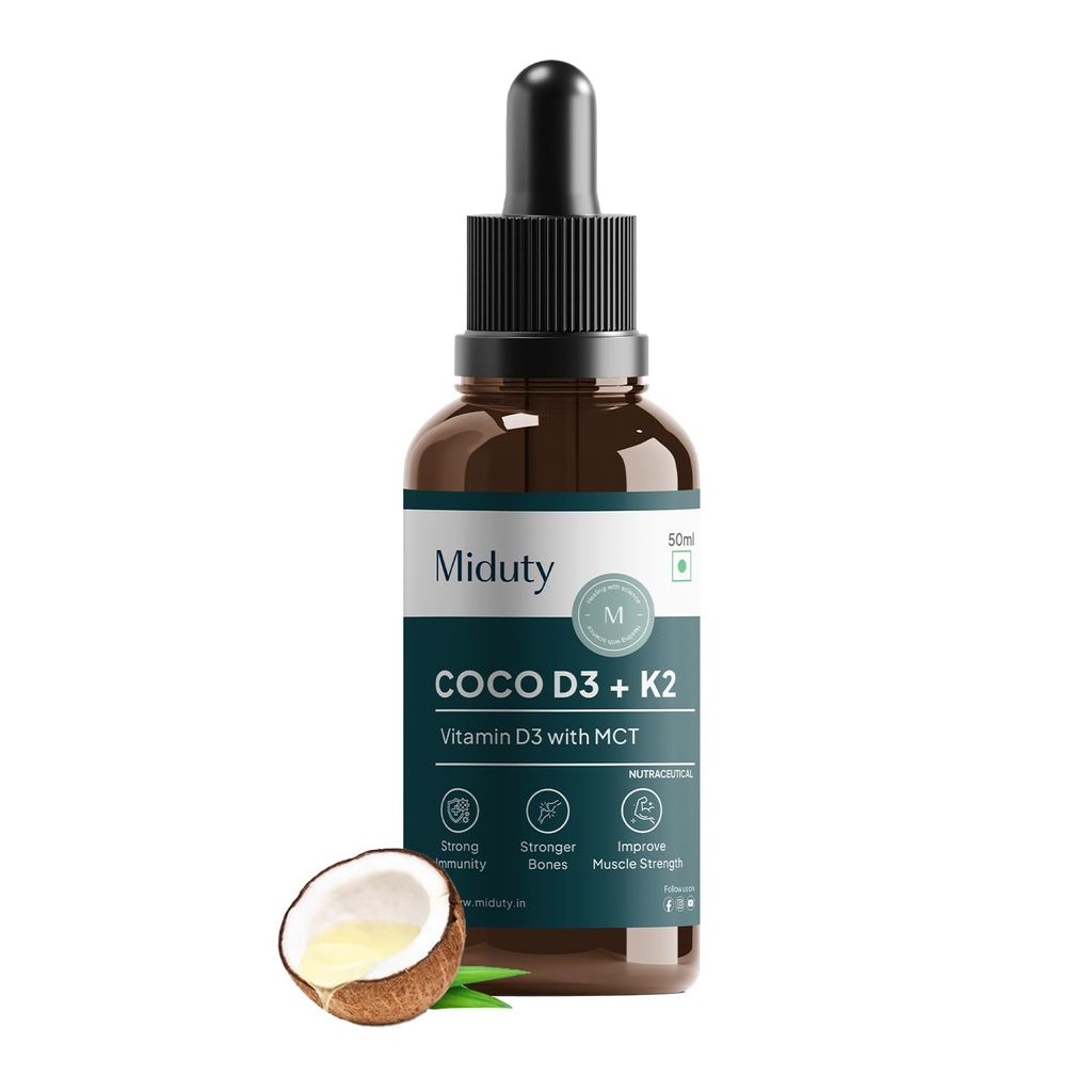 Miduty Coco D3 + K2 – Cholecalciferol Vitamin D3 Drops 600 IU with MK-7 – Support Strong Bones, Muscles & Joints - More Calcium Absorption – Women & Men – 50 ml