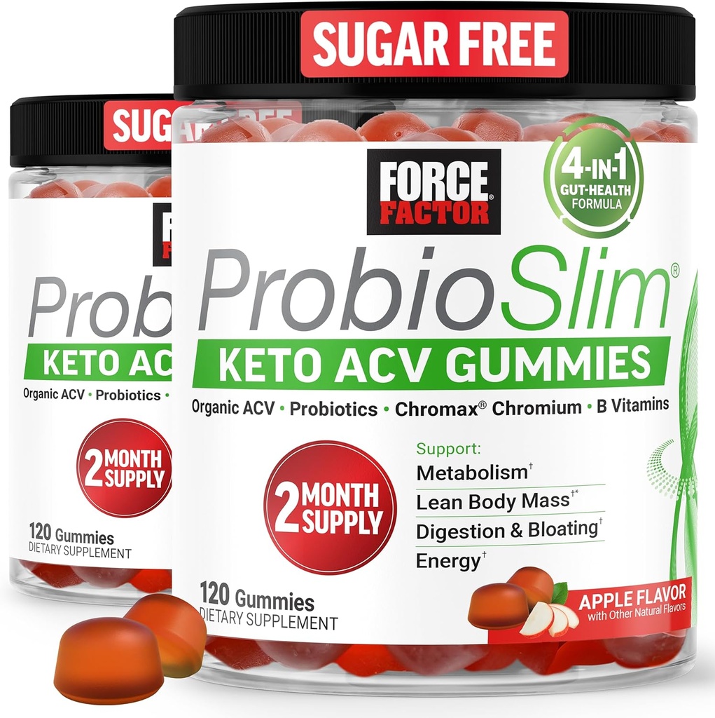 Force Factor ProbioSlim Keto ACV Gummies, Organic Apple Cider Vinegar Gummies with LactoSpore Probiotics & Prebiotics to Support Digestion, Metabolism, & Immune Health, 1 Net Carb, Apple Flavor, 240ct