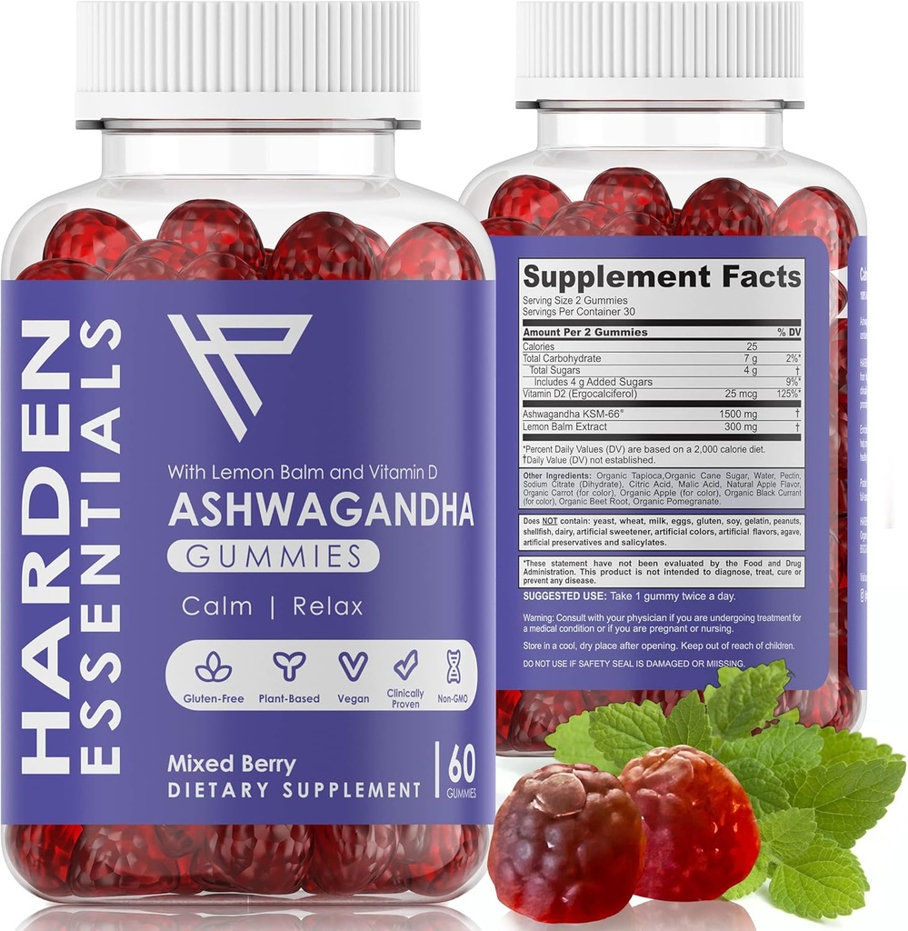 KSM-66 Ashwagandha Gummies w/Lemon Balm & Vitamin D (Max Strength 750mg per Gummy) - Herbal Vegan & Gluten Free - Calm Mood Relaxation - Support Stress - Gummies for Adults Kids Women Men (60 Count)