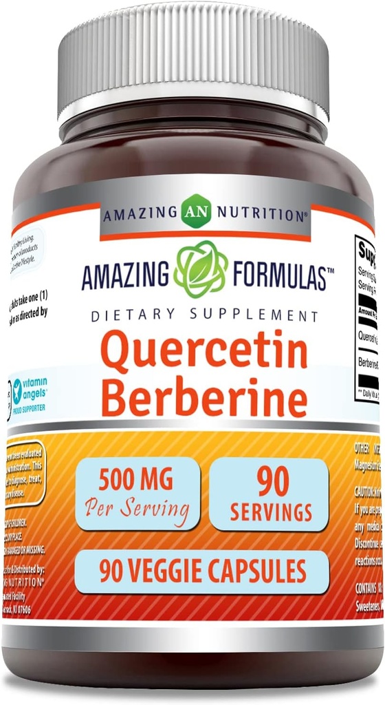 Amazing Formulas Quercetin Berberine - 250mg Berberine and 250mg Quercetin, 90 Veggie Capsules Supplement | Non-GMO | Gluten Free | Made in USA | Ideal for Vegetarians