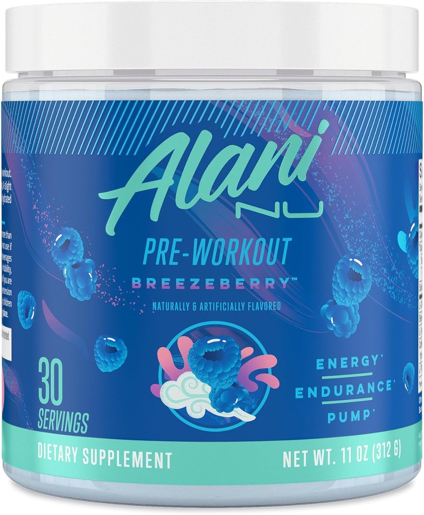 Alani Nu Pre Workout Powder BREEZEBERRY, Amino Energy Boost, Endurance Supplement, Sugar Free, 200mg Caffeine, L-Theanine, Beta-Alanine, L-Citrulline, 30 Servings