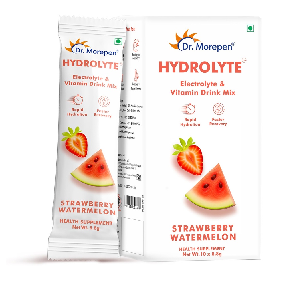 Dr. Morepen Hydrolyte Electrolyte & Vitamin Drink Mix for Rapid Hydration & Faster Recovery, Strawberry Watermelon Flavour – 10 Sachets (8.8g Each)