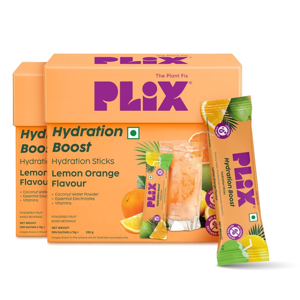 Plix Hydration Boost Electrolyte Powder | Hydration Drink Mix with Coconut Water, Sodium & Potassium | Lemon Orange Flavour | Supports Energy, Hydration & Recovery | Pack of 60 | No Added Refined Sugar