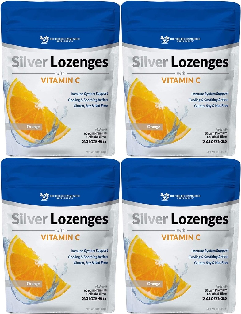 [BRSWY2YCCQMGYHL7] Silver Lozenges with Vitamin C - Premium Nano Silver 60 PPM Colloidal Silver, Organic Honey and Vitamin C Mineral Supplement Drops to Support Immune System, Soothe Cough & Throat - Pack of 4