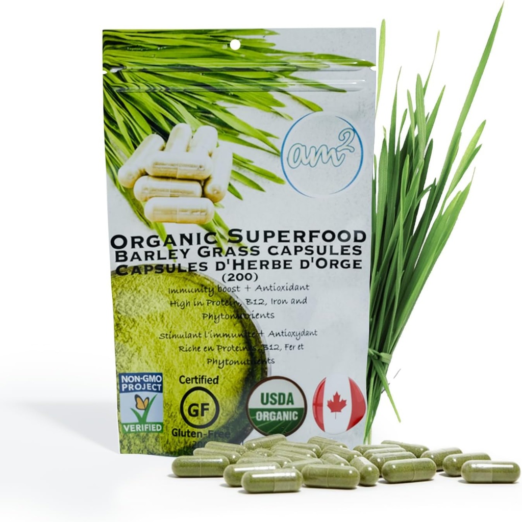 am2 Organic Barley Grass Capsules – Pure Barley Grass Juice Powder Capsules, Green Superfood Supplement – Rich in Fiber & Antioxidants – Support Immunity & Digestive Health – 200 Caps