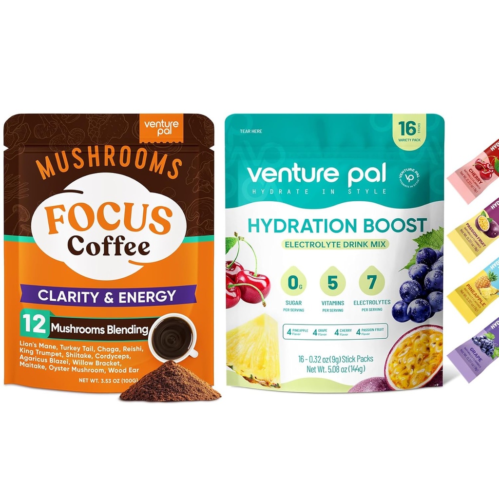Venture Pal Mushroom Coffee & Electrolyte Powder Bundle: 12 in 1 Coffee with Ashwagandha & Sugar-Free Electrolyte Packets for Focus, Immunity, Hydration & Recovery - 40 Servings & 16 Sticks