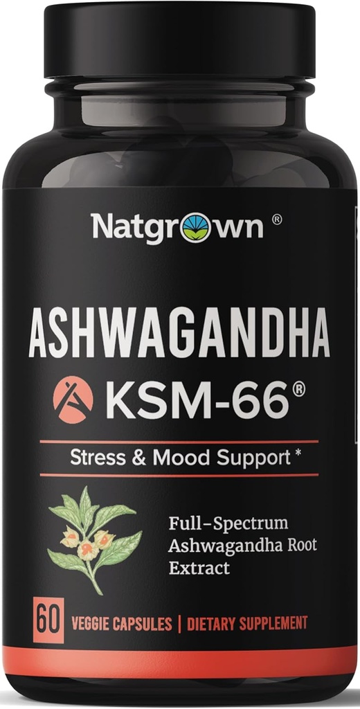 Natgrown Ashwagandha KSM 66 Supplement 600 mg - Stress, Mood, & Athletic Support - Organic KSM66 Root Extract with 5% Withanolides - Vegan Capsules - 60 Count