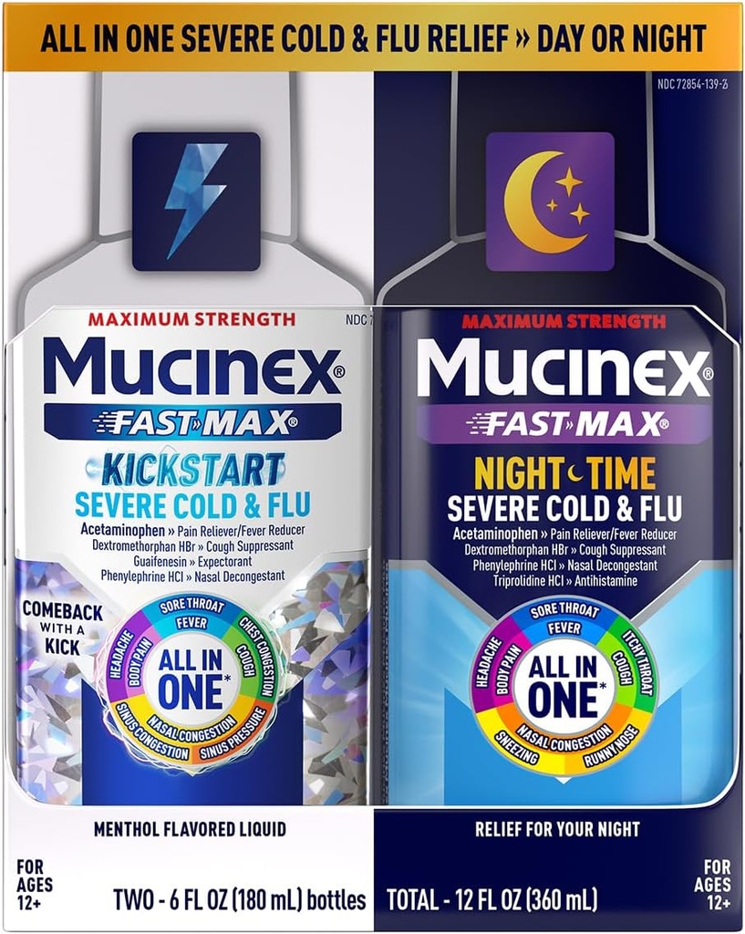 Mucinex Fast-Max Kickstart Severe Cold and Flu Medicine for Adults, Liquid Cold Medicine , Generic Expectorant Guaifenesin & Cough Suppressant Dextromethorphan, Combo Pack, 2x6 fl oz