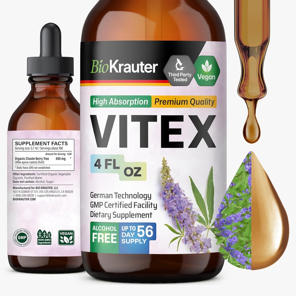 BIO KRAUTER Vitex Tincture - Chasteberry Extract Supplement for Women - Fast Absorption Formula - Alcohol & Sugar Free Chaste Tree Supplement - Vegan Drops 4 Fl.Oz.