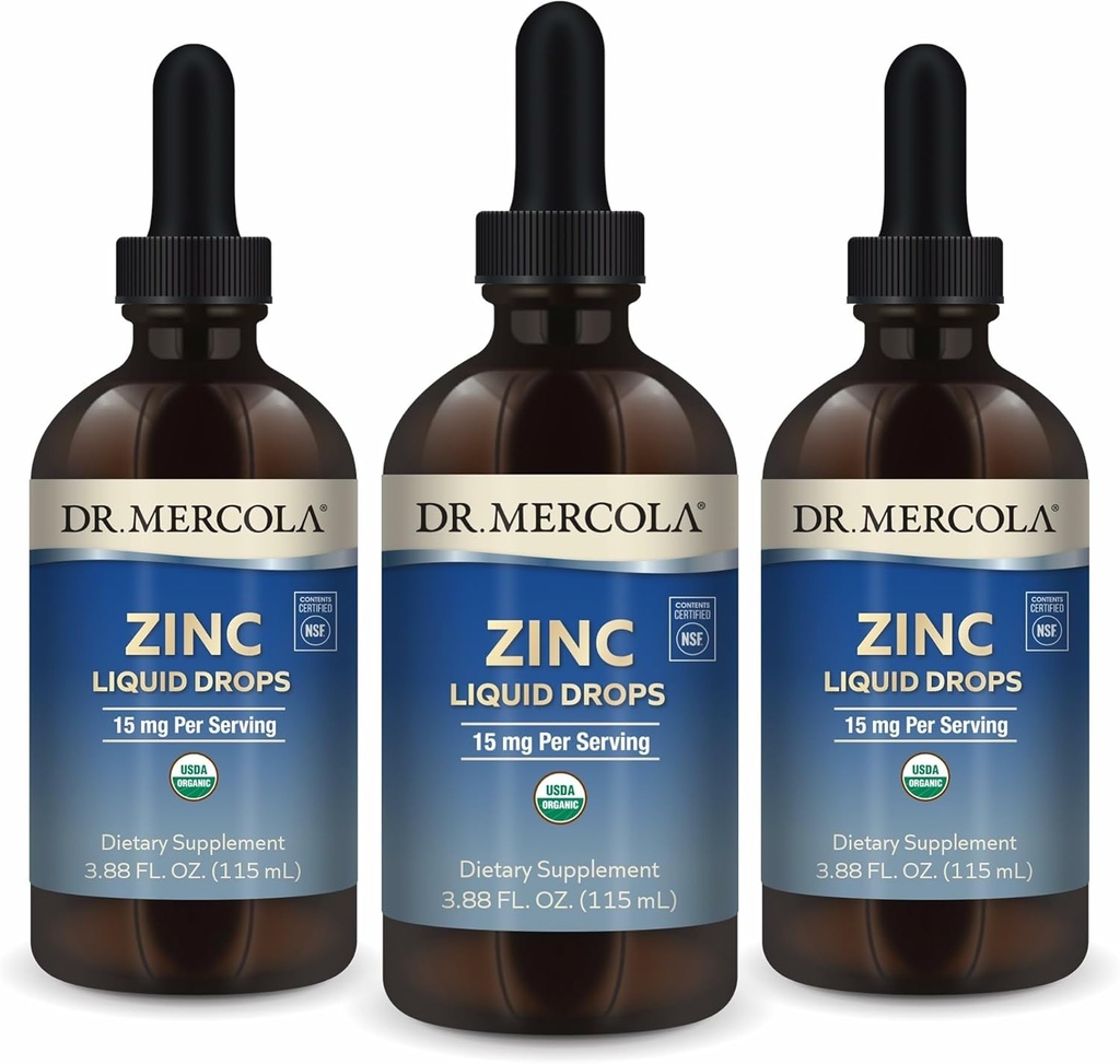 Dr. Mercola Zinc Liquid Drops - Supports Immune & Organ Health - 15 mg Organic Zinc Liquid Drops - USDA Organic - NSF Certified - Non-GMO, Gluten-Free & Soy-Free - 3.88 fl oz (3 Pack)