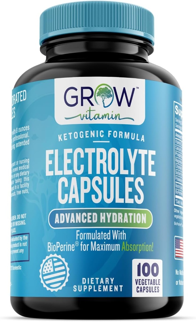 grow vitamin Electrolyte Capsules – Sugar-Free Electrolyte Tablets for Energy, Endurance & Hydration. Keto-Friendly Salt Pills, No Maltodextrin. Perfect for Fitness & Daily Hydration – 100 Caps