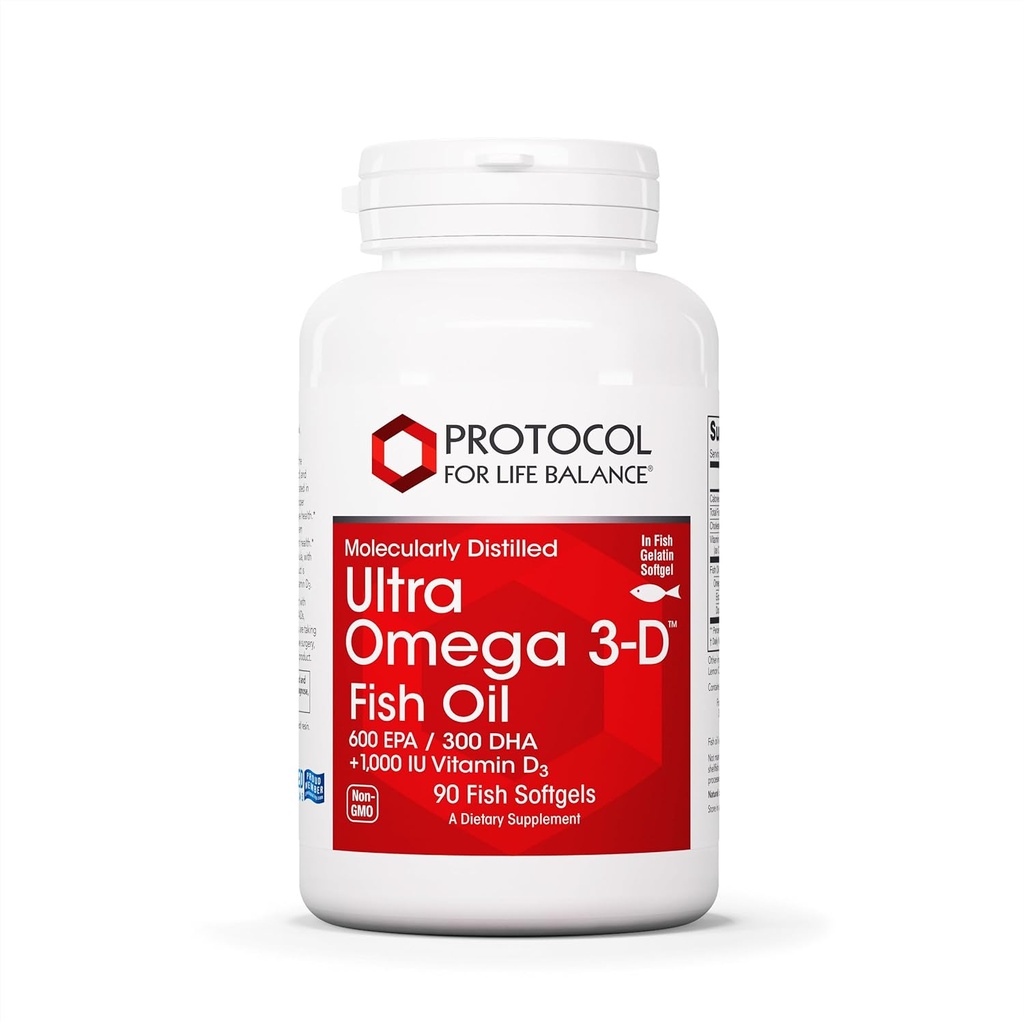 PROTOCOL FOR LIFE BALANCE Ultra Omega 3-D - 600mg EPA, 300mg DHA & 1,000 IU Vitamin D3 - Fish Oil for Brain Support - EPA DHA Omega Supplement - Non-GMO & Halal - 90 Softgels