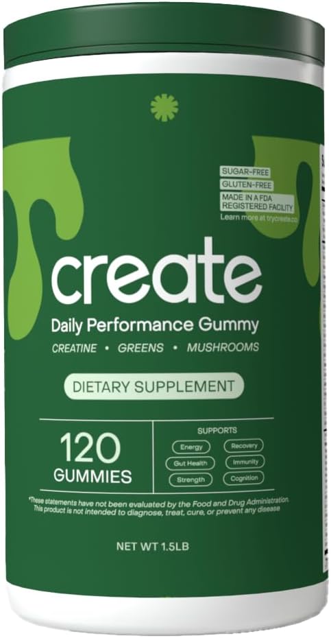 Create Daily Performance Gummy - Creatine Monohydrate Gummies for Men & Women - Boost Energy, Immunity & Strength, Vegan, Gluten-Free, 4g Creatine+5g Fiber per Serving (120 ct Gummies, 30 Servings)