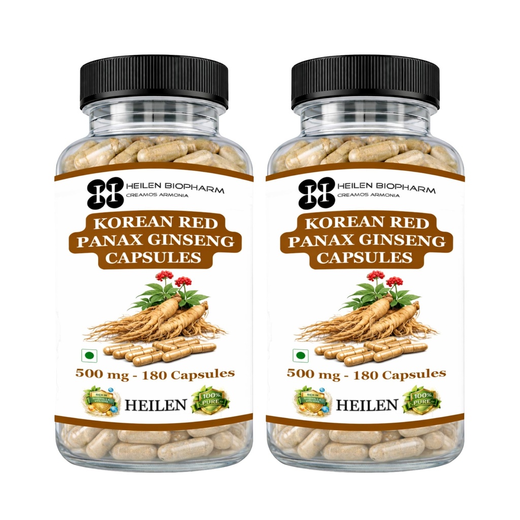 Heilen Biopharm Premium Korean Red Panax Ginseng Root Extract Capsules – 500 mg × 180 Veg Caps (Pack of 2) | Natural Energy & Immunity Booster