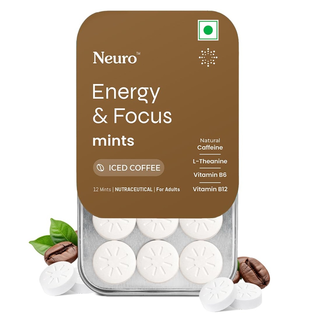 Neuro Energy & Focus Mints - Iced Coffee | Quick Energy Boost & Enhanced Focus | Natural Caffeine + 60 mg L-Theanine + Vitamin B6 & B12 | No Added Sugar | Aspartame Free | 24 Mints