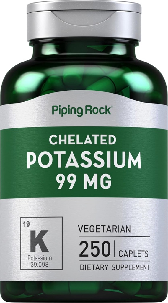 Piping Rock Chelated Potassium Supplement 99mg | 250 Caplets | Potassium Gluconate | Vegetarian, Non-GMO, Gluten Free
