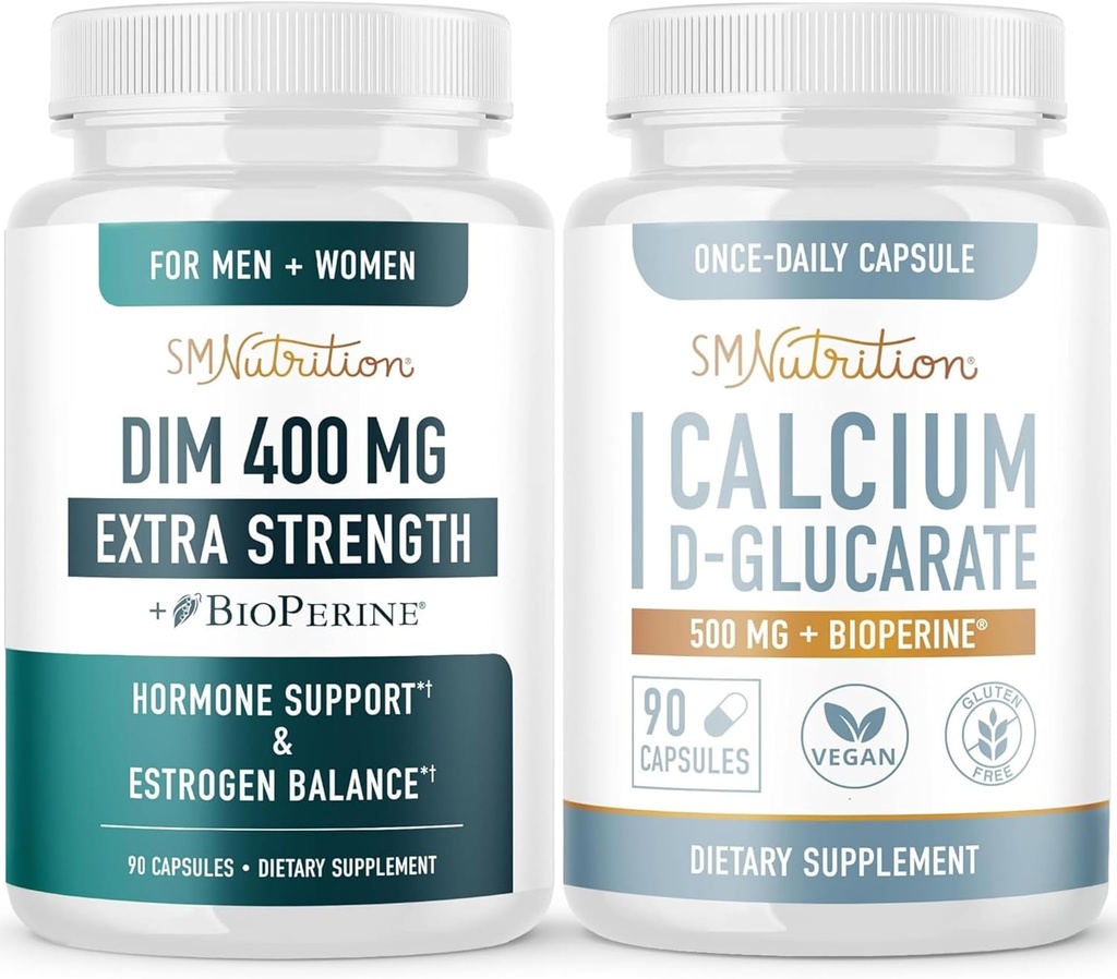 Calcium D-Glucarate & 400mg DIM Supplement for Enhanced Estrogen Hormone Balance | Vegan Gluten Free CDG Supplement (90 Servings) with Extra Strength DIM (90 Servings)