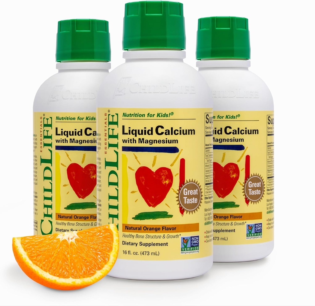 ChildLife Essentials Liquid Calcium Supplement for Kids - Baby Calcium with Magnesium, Zinc, and Vitamin D3 - Orange Flavor, 16 fl oz (3 Pack)