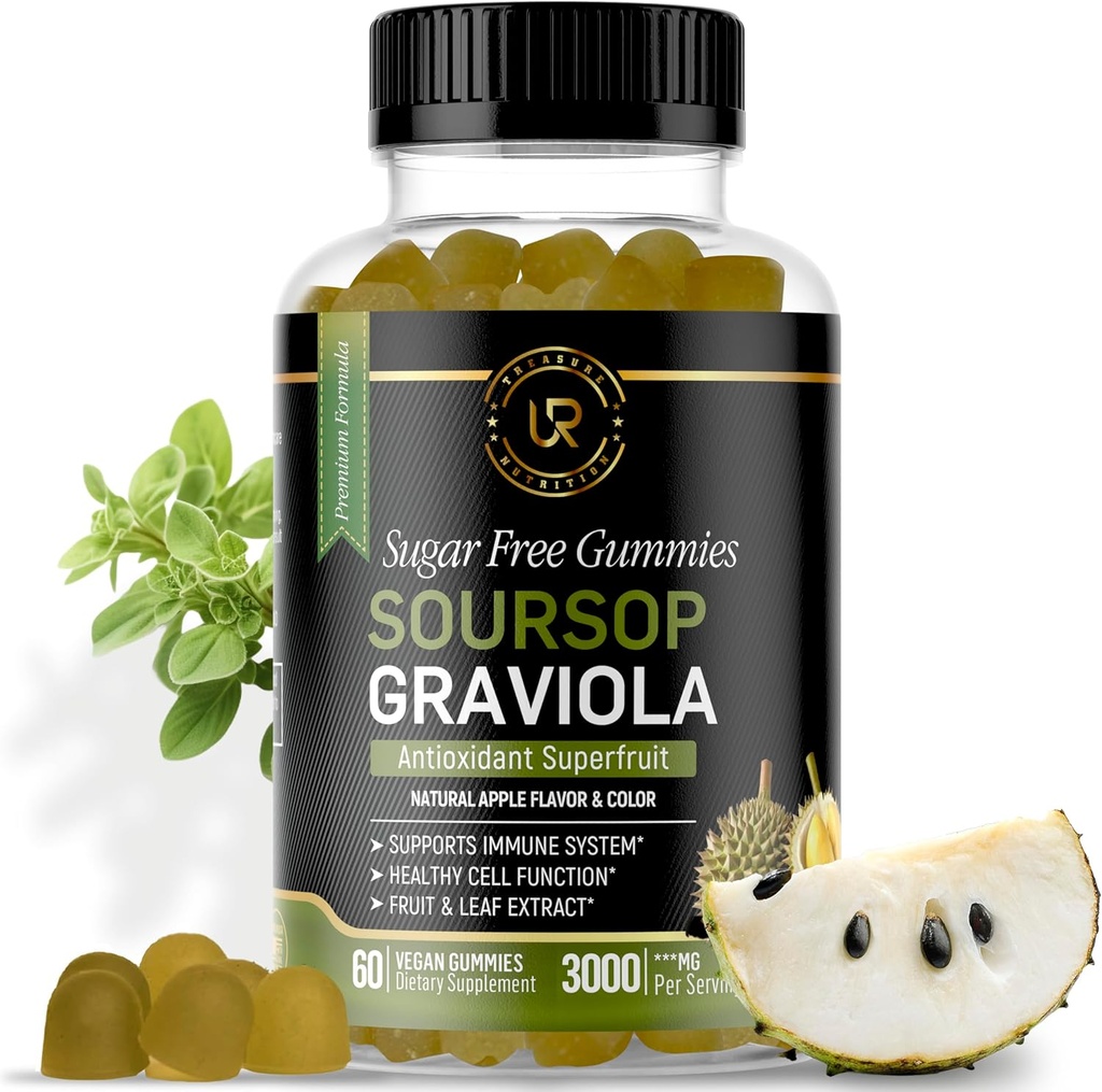 Soursop Leaves & Soursop Fruit Gummies - 3000mg Soursop Extract - Graviola Supplement - Soursop Fruit and Leaf - 60ct - Sugar-Free - Gluten Free – Non-GMO – Vegan Friendly