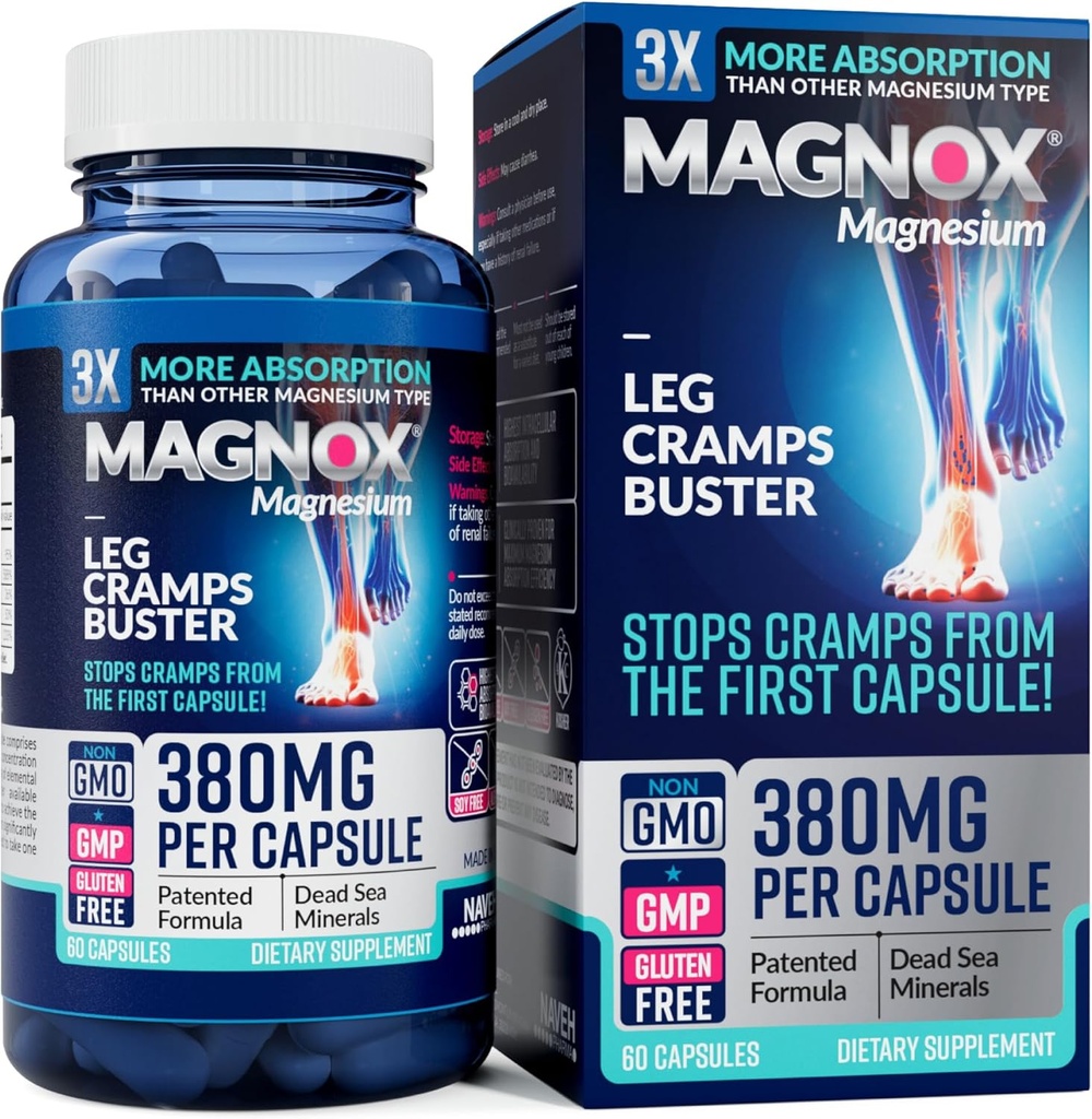 MAGNOX® Leg Cramps Buster | 380mg Magnesium for Leg Cramps at Night | Magnesium Supplement for Muscle Spasms | 3X More Absorption | Dead Sea Minerals | Sleep & Muscle | 60 Caps