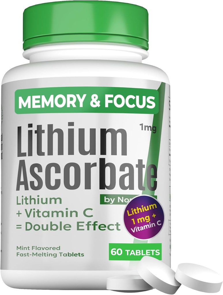 Brain Supplements for Memory and Focus – Memory Vitamins with Lithium Ascorbate 1mg & Vitamin C – Cognitive Support – Alternative to Lithium Orotate – 60 Tablets